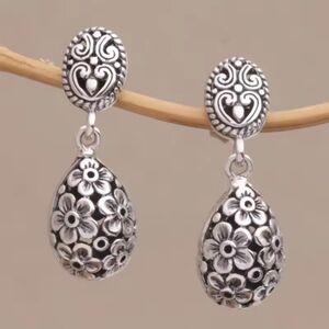 S925 Silver Plated Floral Pattern Drop Earrings Metalwork Romantic Flower
